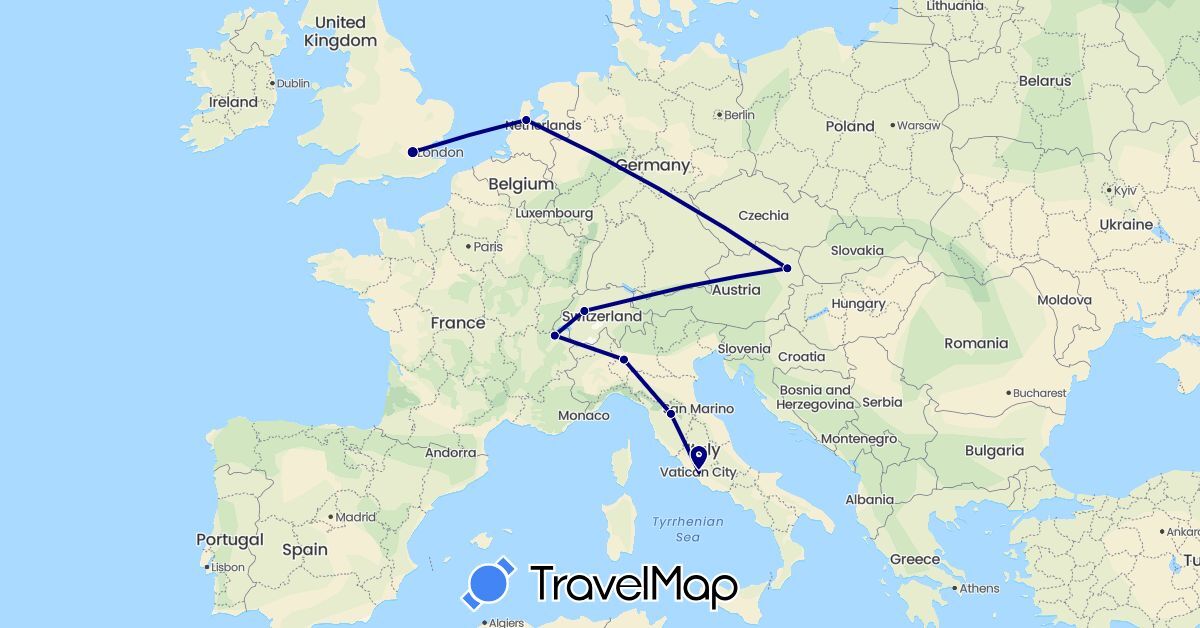 TravelMap itinerary: driving in Austria, Switzerland, United Kingdom, Italy, Netherlands (Europe)